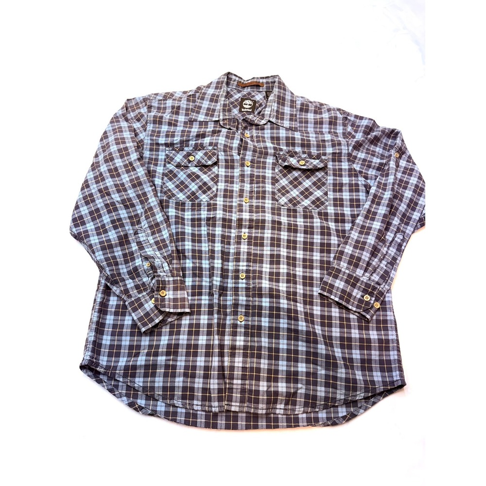 TIMBERLAND Mens Large Blue Gray Plaid Long Sleeve Button Up Shirt Q20